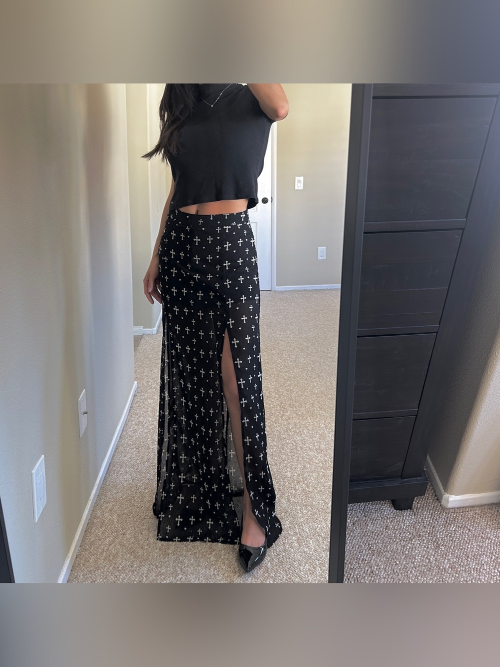 Goth Emo Long Cross Maxi Skirt Skort Slit Black